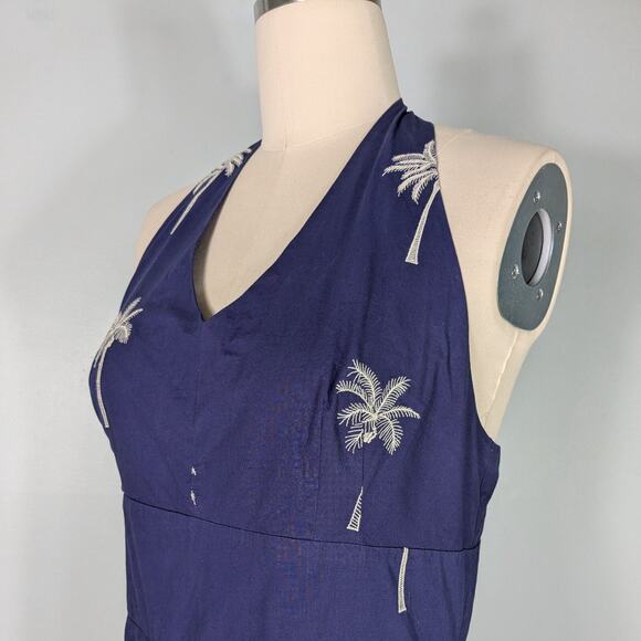 Tori Richard Maxi Dress 12 Blue Halter Tropical Palm Tree Long Beachy Navy - Picture 3 of 12